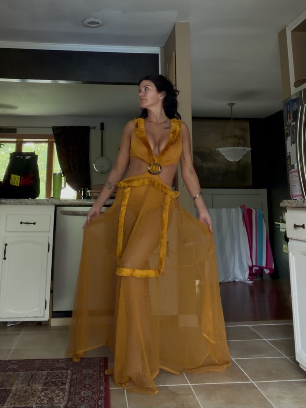 Luxxel Mustard Yellow Cutout Maxi Dress with Ring Detail MEDIUM